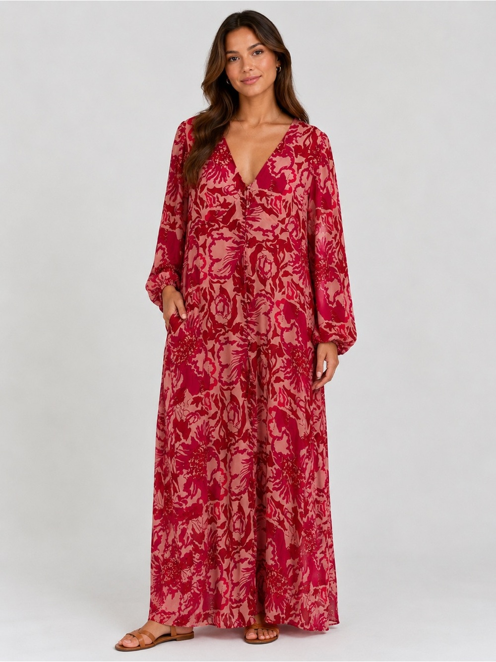 Red Floral V-Neck Maxi Dress with Long Sleeves